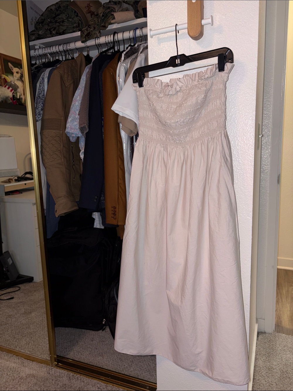 H&M Strapless Smocked Midi Dress in Cream